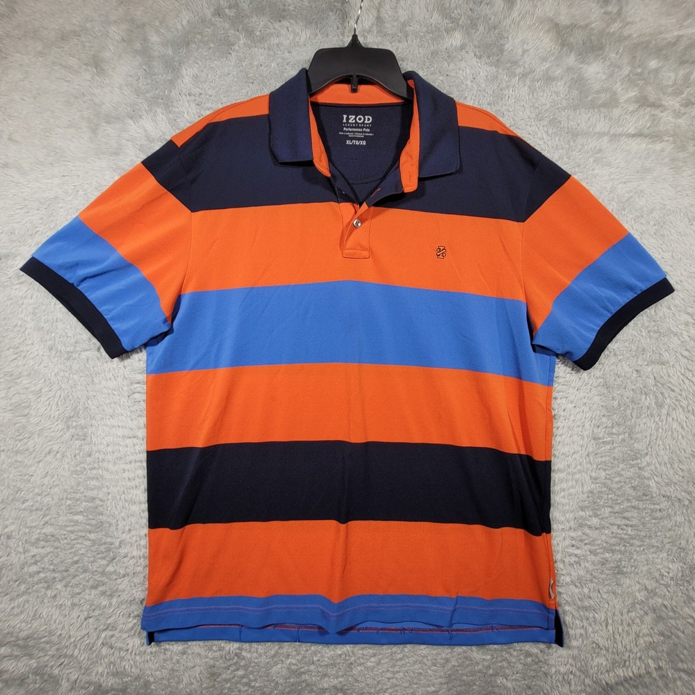 IZOD Mens Luxury Sport Performance Polo Shirt Orange Blue Navy Stripe XL‎